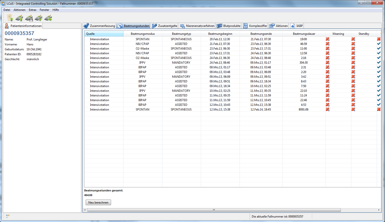 Tabellarische Anzeige der Beatmungsstunden.