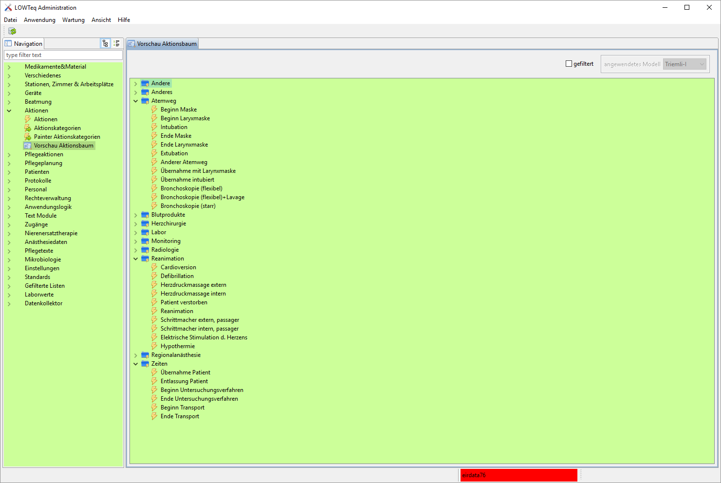 Anzeige der Aktionen und Ihrer Gliederung in Kategorien. Oben rechts die Möglichkeit zur Filterung nach Modell