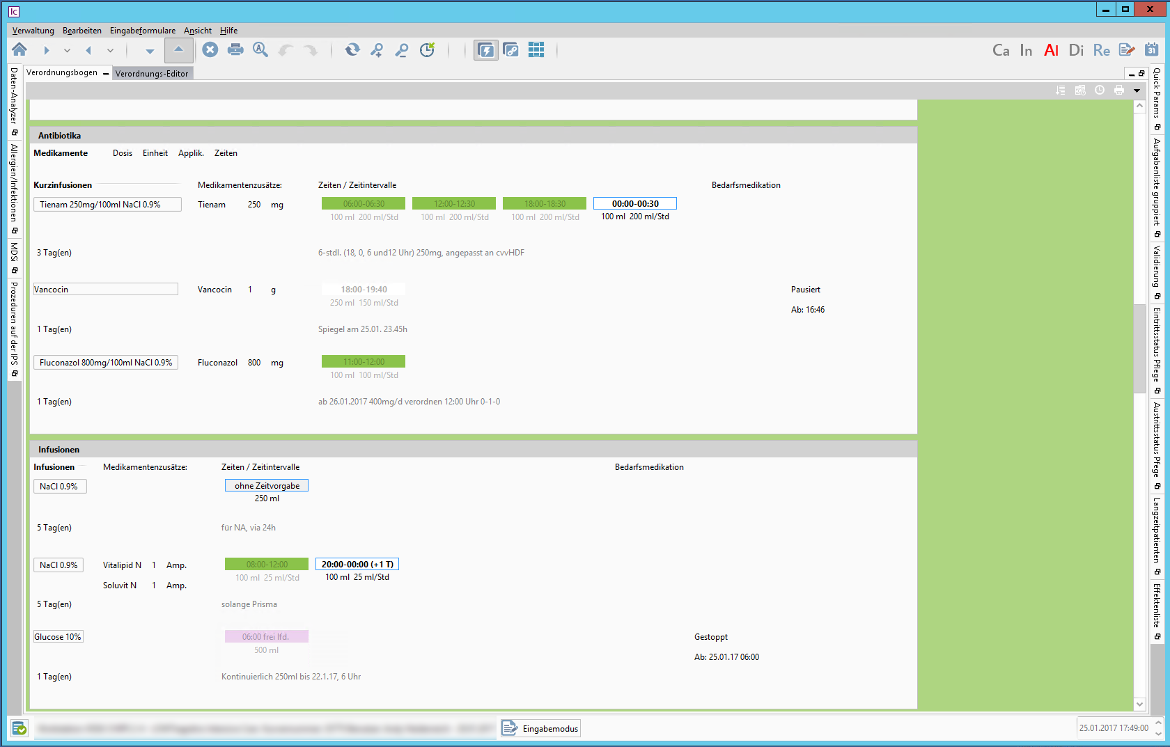 Ausschnitt aus dem Verordnungsbogen. Anzeige der zu verabreichenden und bereits gegebenen Medikation und Infusionen.