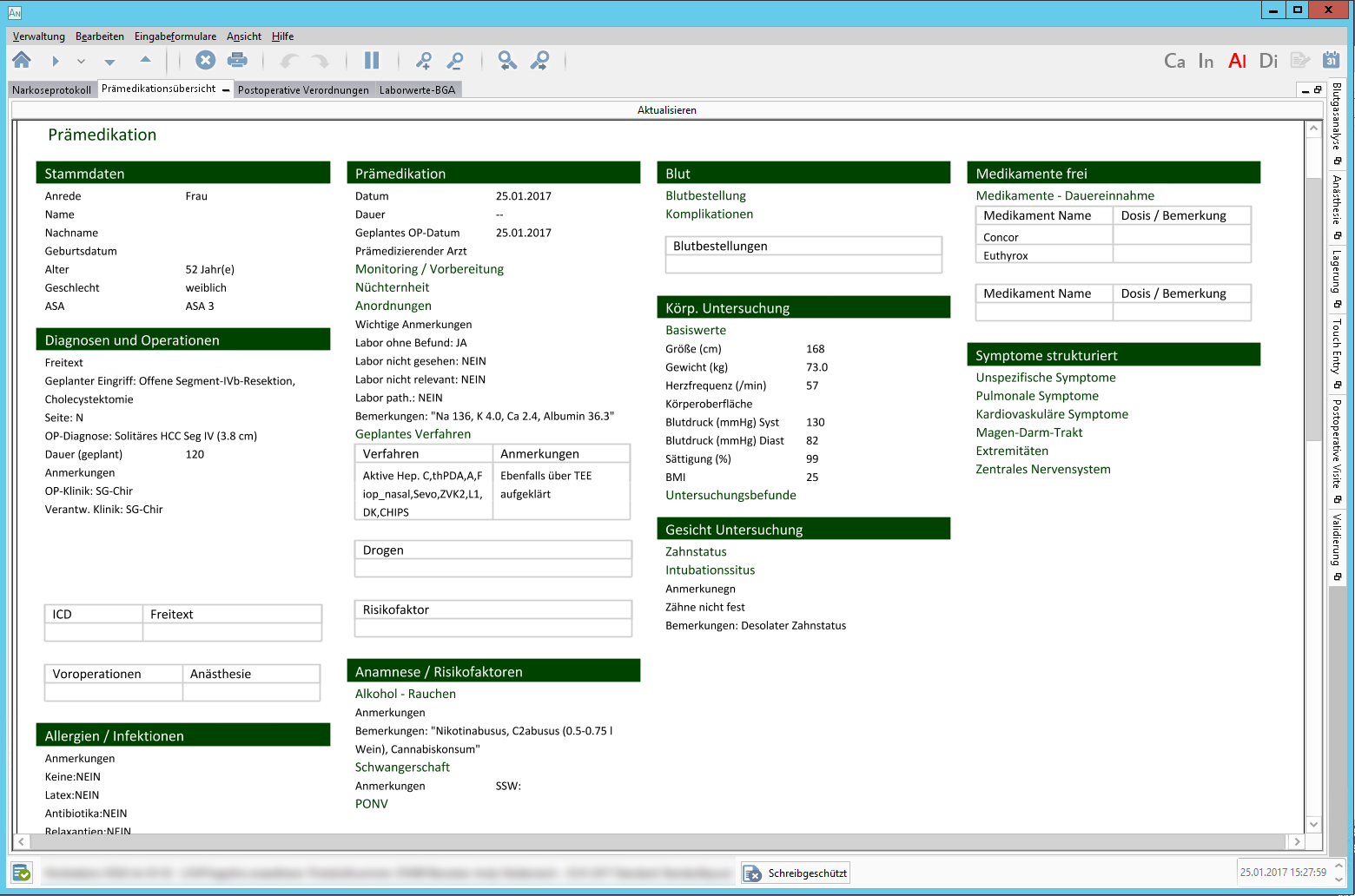 Prämedikationsdaten im Narkoseprotokoll.